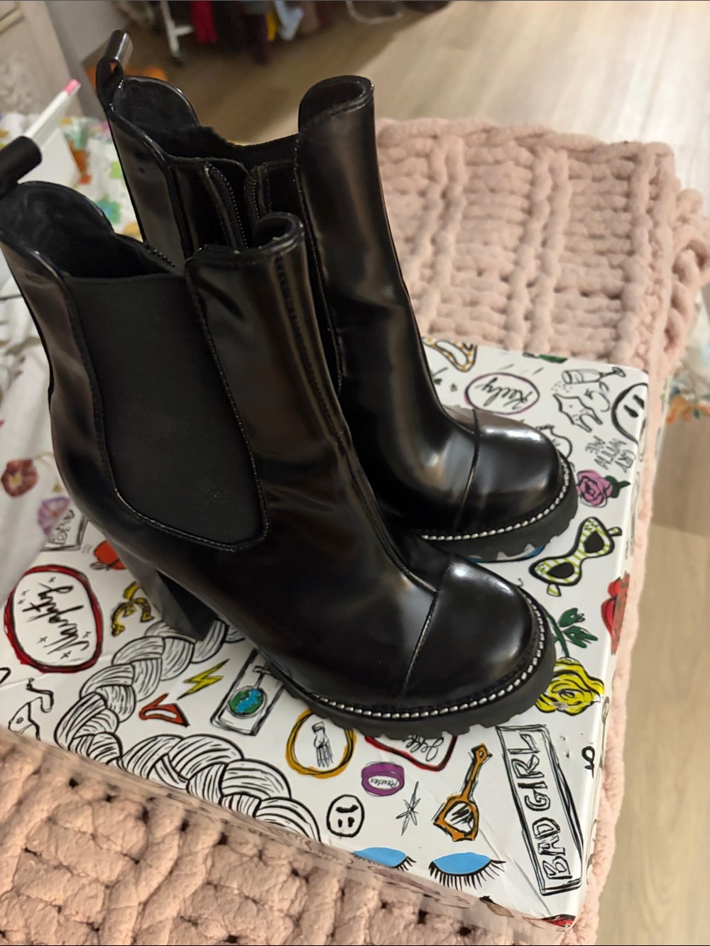 Jeffrey Campbell Black Leather Chelsea Booties with Studded Welt